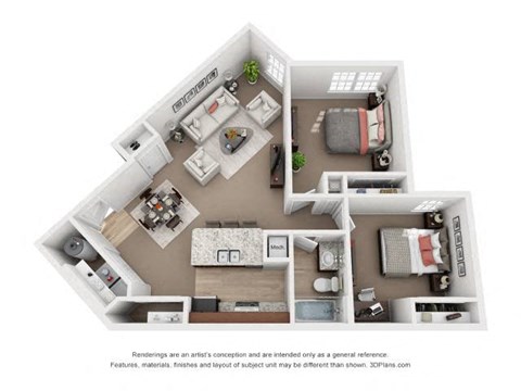 Floor plan for 2 beds, 1 bath, 944 sqft